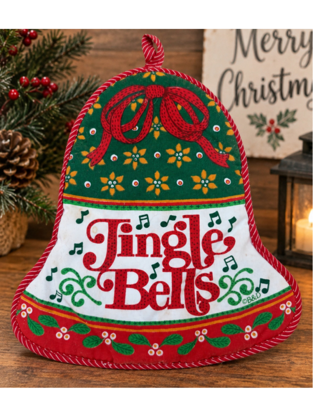 Vintage 1980s Jingle Bells Christmas Bell Shaped Quilted Pot Holder Hot Pad